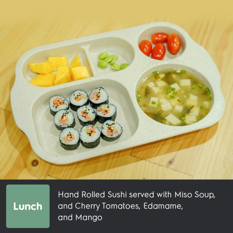 Hand Rolled Sushi served with Miso Soup, and Cherry Tomatoes, Edamame, and Mango-min