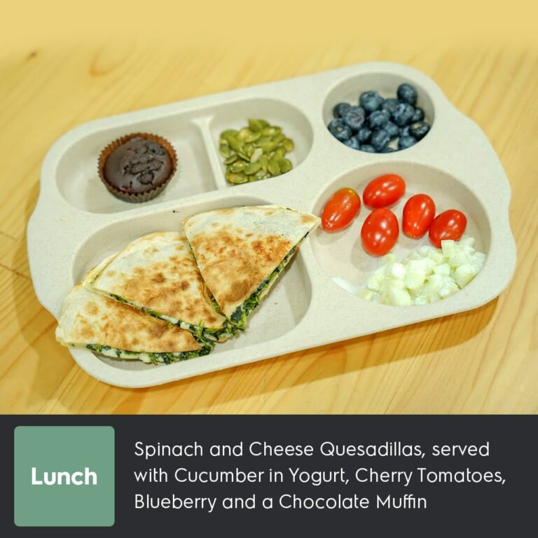 Spinach and Cheese Quesadillas, served with Cucumber in Yogurt, Cherry Tomatoes, Blueberry and a Chocolate Muffin-min