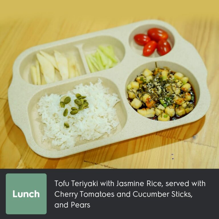 Tofu Teriyaki with Jasmine Rice, served with Cherry Tomatoes and Cucumber Sticks, and Pears-min